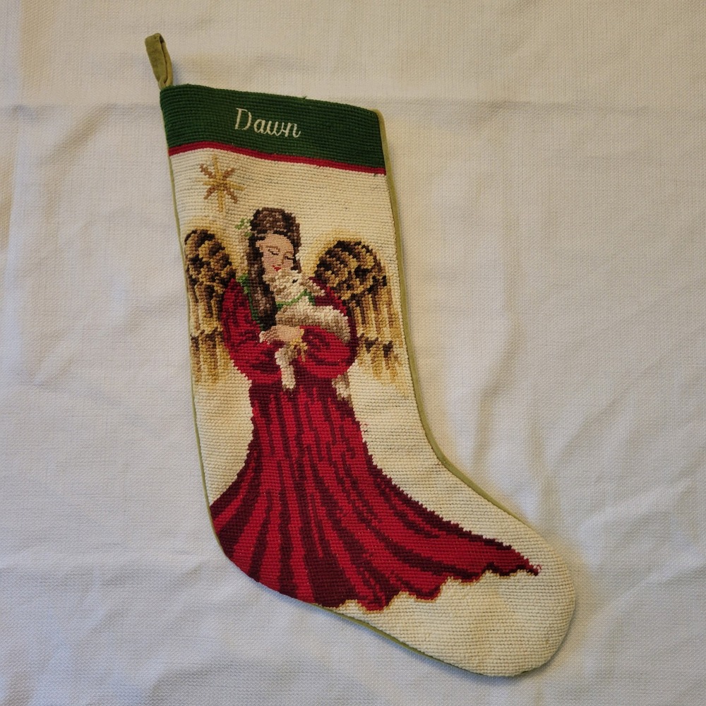 Lands End 20 in Needlepoint Green Wool Christmas Stocking Holiday Angel Lamb